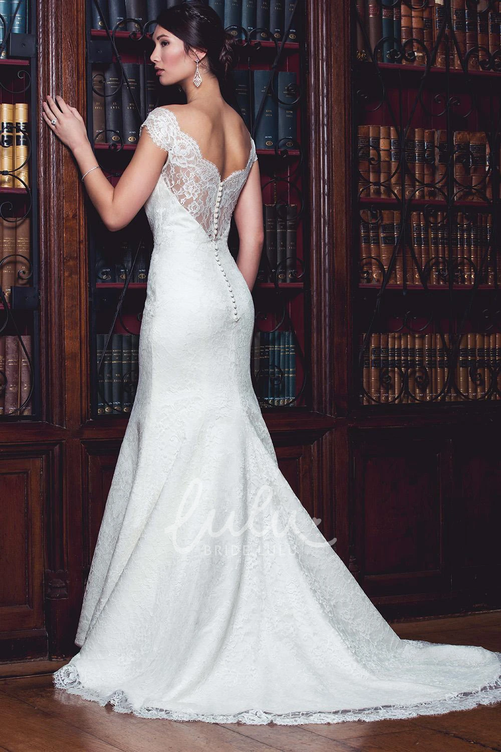 Off-The-Shoulder Lace Sheath Wedding Dress with Cap-Sleeves and V-Back
