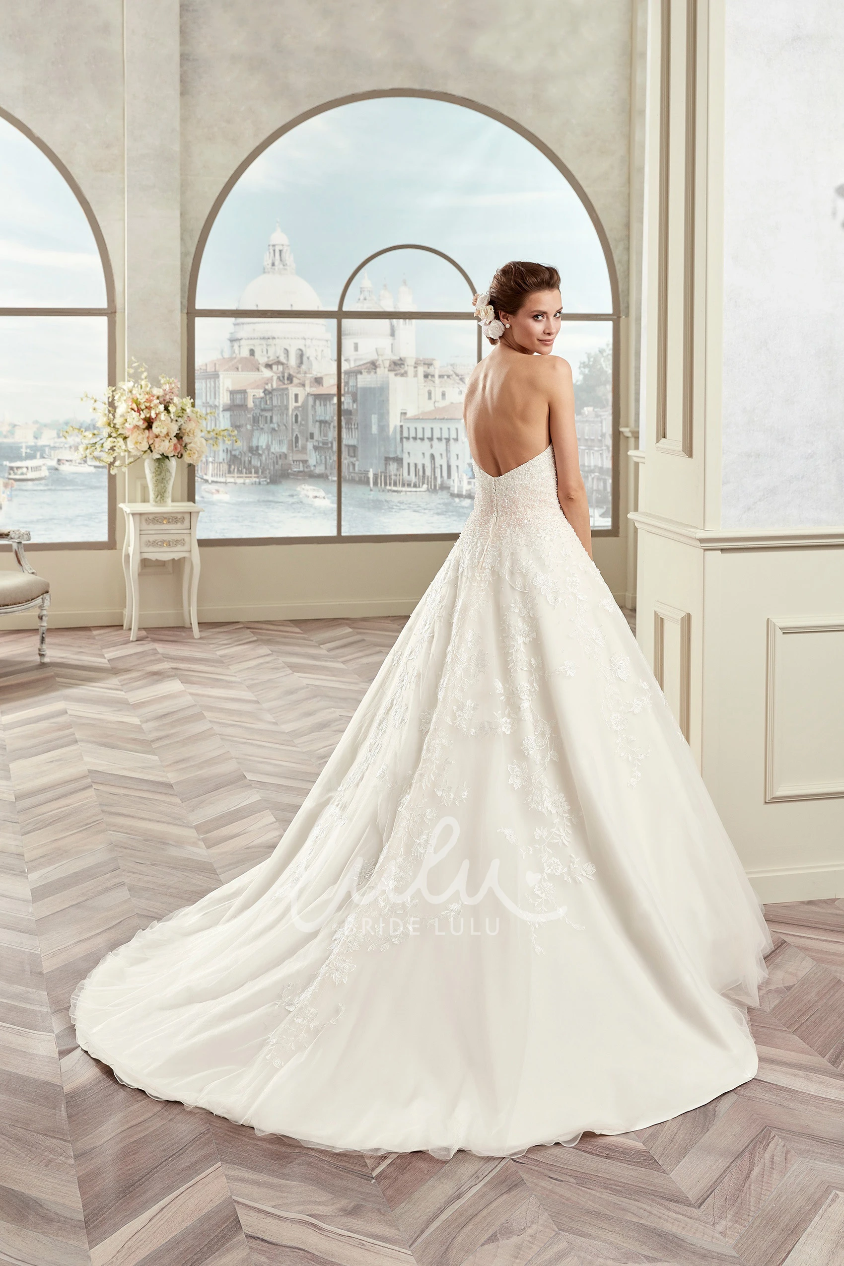 Beaded A-Line Wedding Dress with Sweetheart Neckline and Floral Appliques