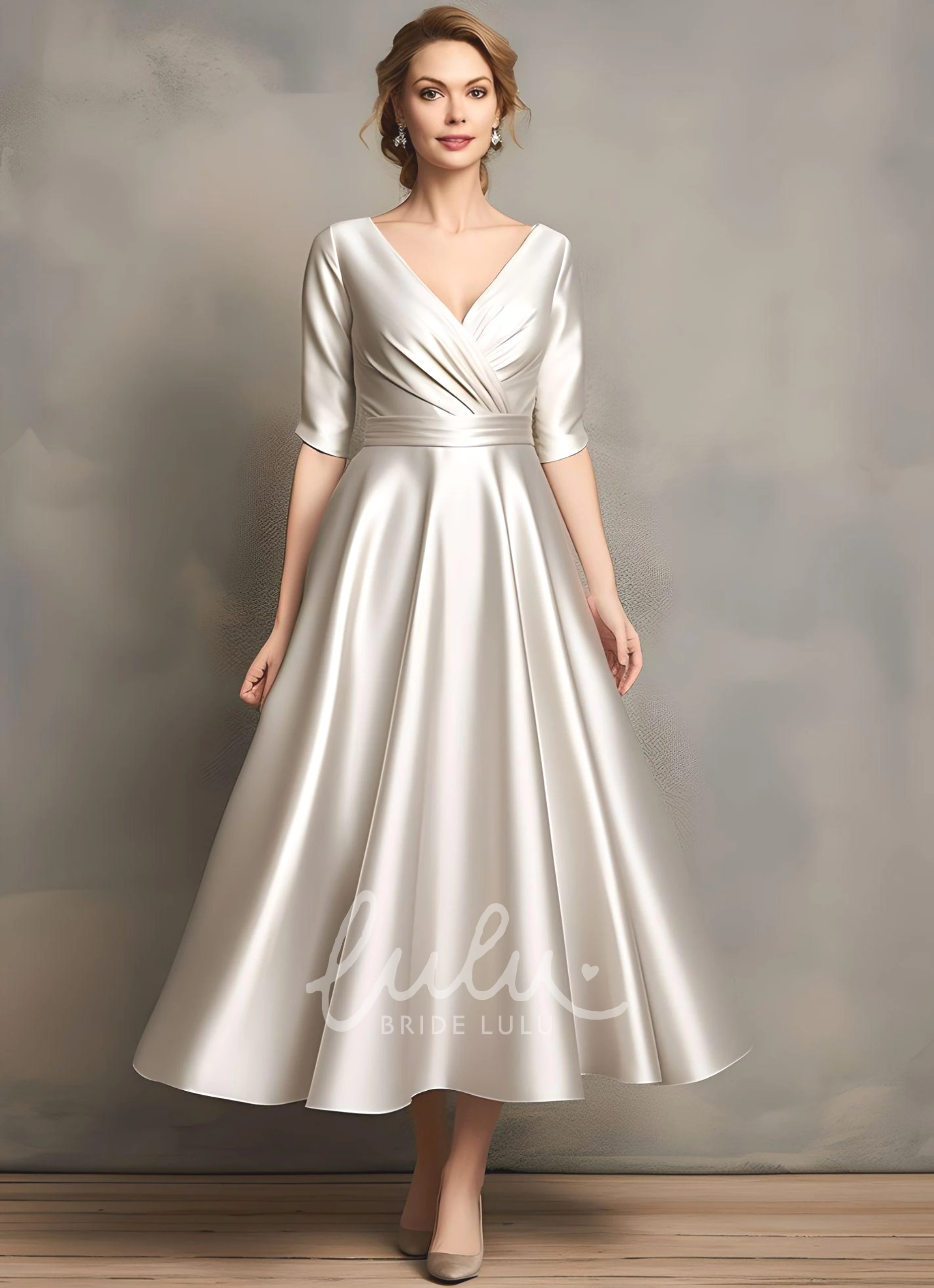 Ethereal Satin Mother of the Bride Dress V-neck Tea-length A-Line
