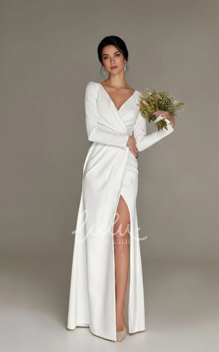 Long Sleeve Sheath Simple Sexy Floor-length V-neck Reception Split Warm Wedding Dress Zipper Back