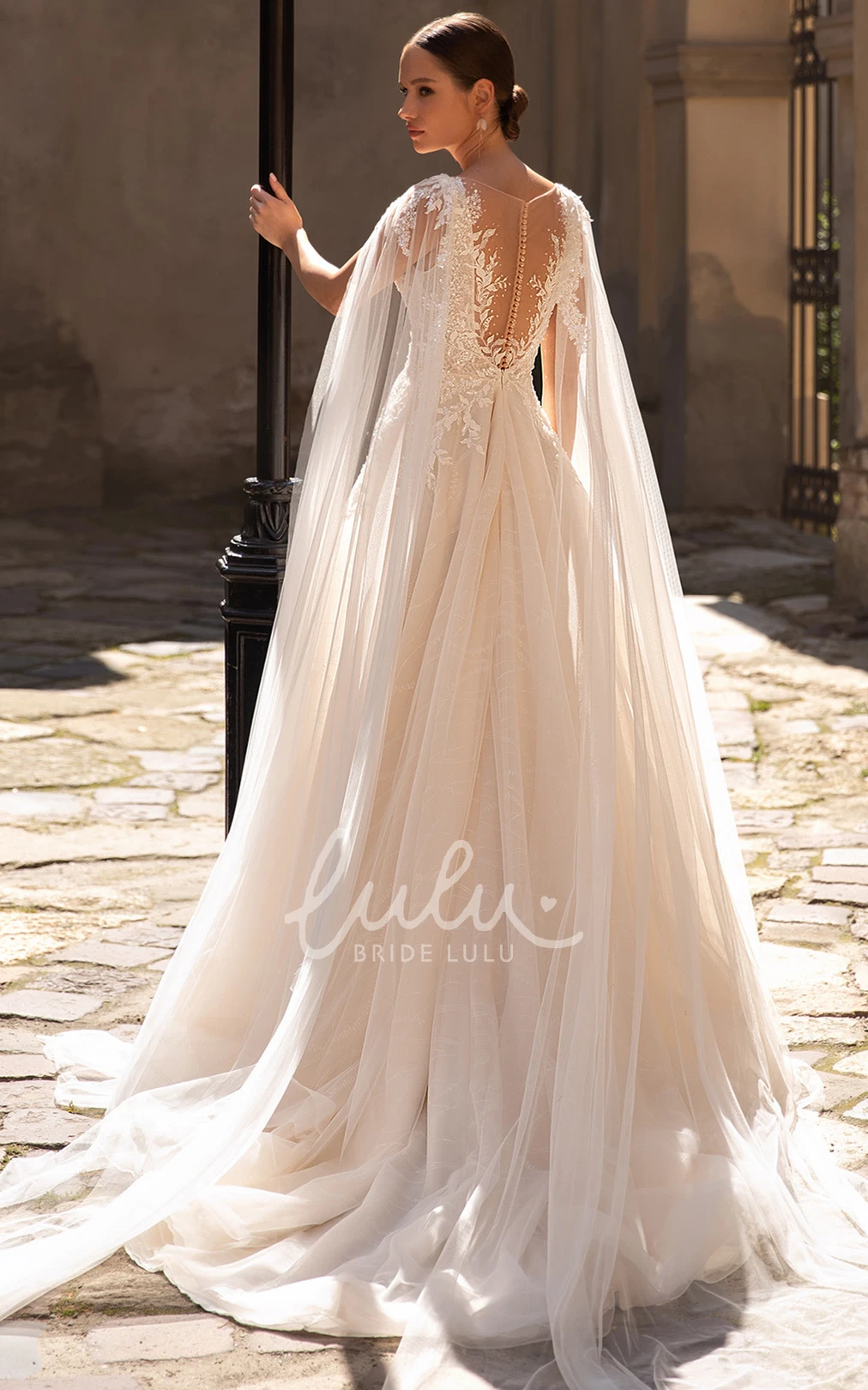 Ethereal A Line Tulle Wedding Dress with Plunging Neckline and Appliques Unique Wedding Dress