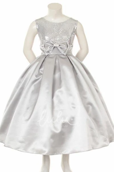 Sequin & Satin Tea-Length Flower Girl Dress Sparkling Prom Dress for Girls
