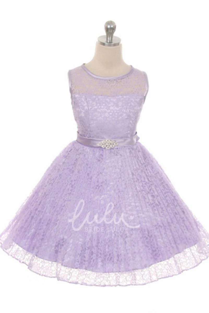 Illusion Pleated Lace&Satin Flower Girl Dress Tea-Length Classy Style