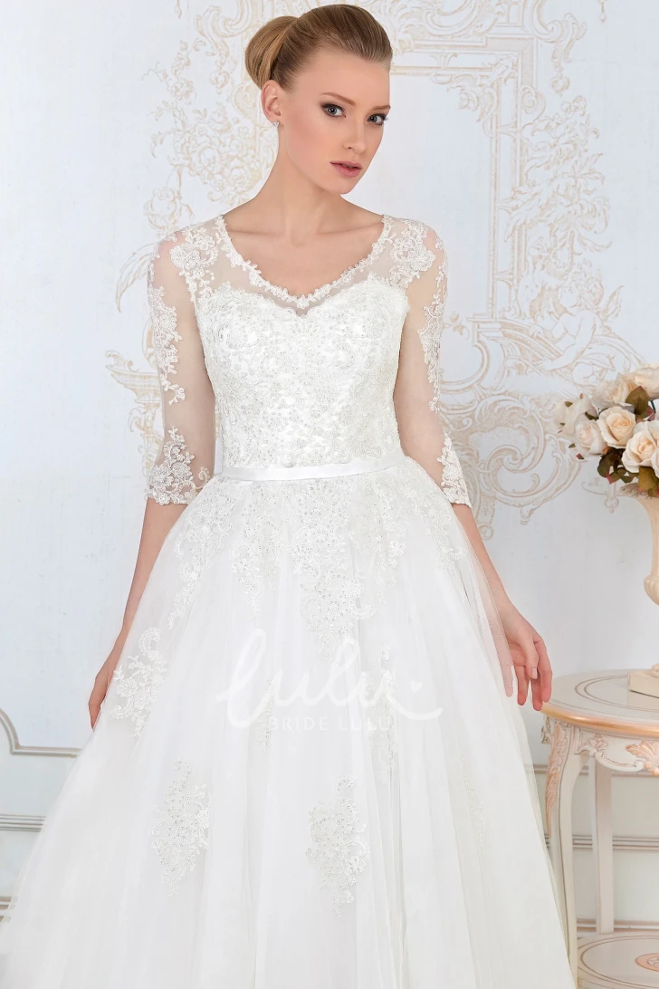 Illusion A-Line Wedding Dress V-Neck Tulle & Lace with 3-4 Sleeves