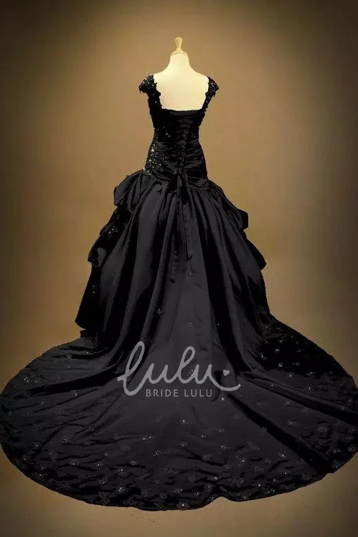 Ball Gown Taffeta Wedding Dress with Appliques and Ruffles Sleeveless Straps Chapel Train