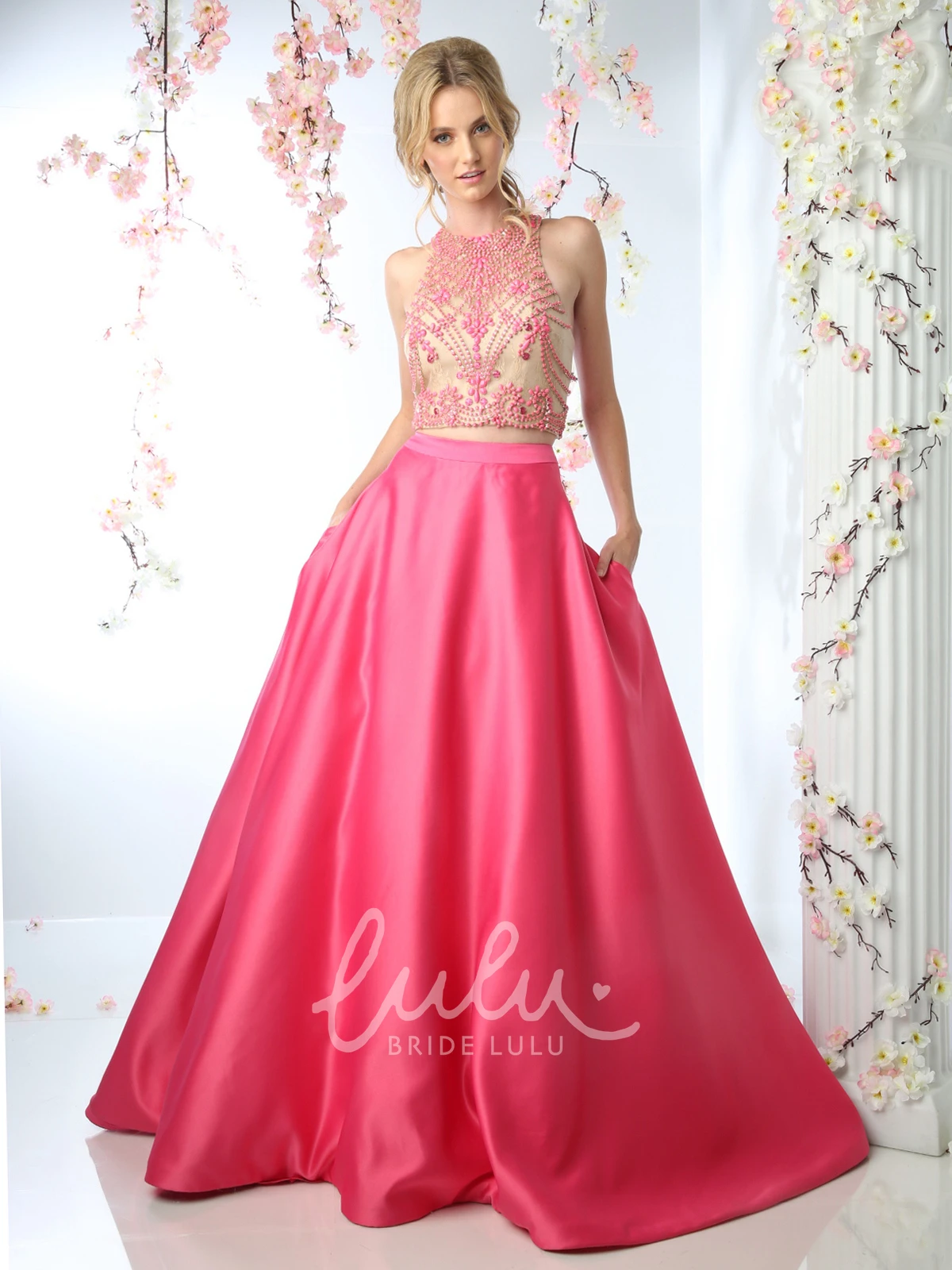 Satin Ball Gown Keyhole Dress with Beading and Court Train