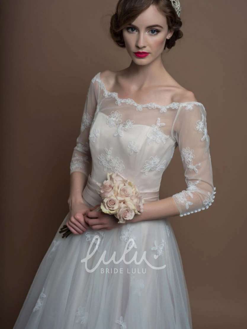 Bateau-Neck Tulle A-Line Wedding Dress with Appliques and 3-4 Sleeves