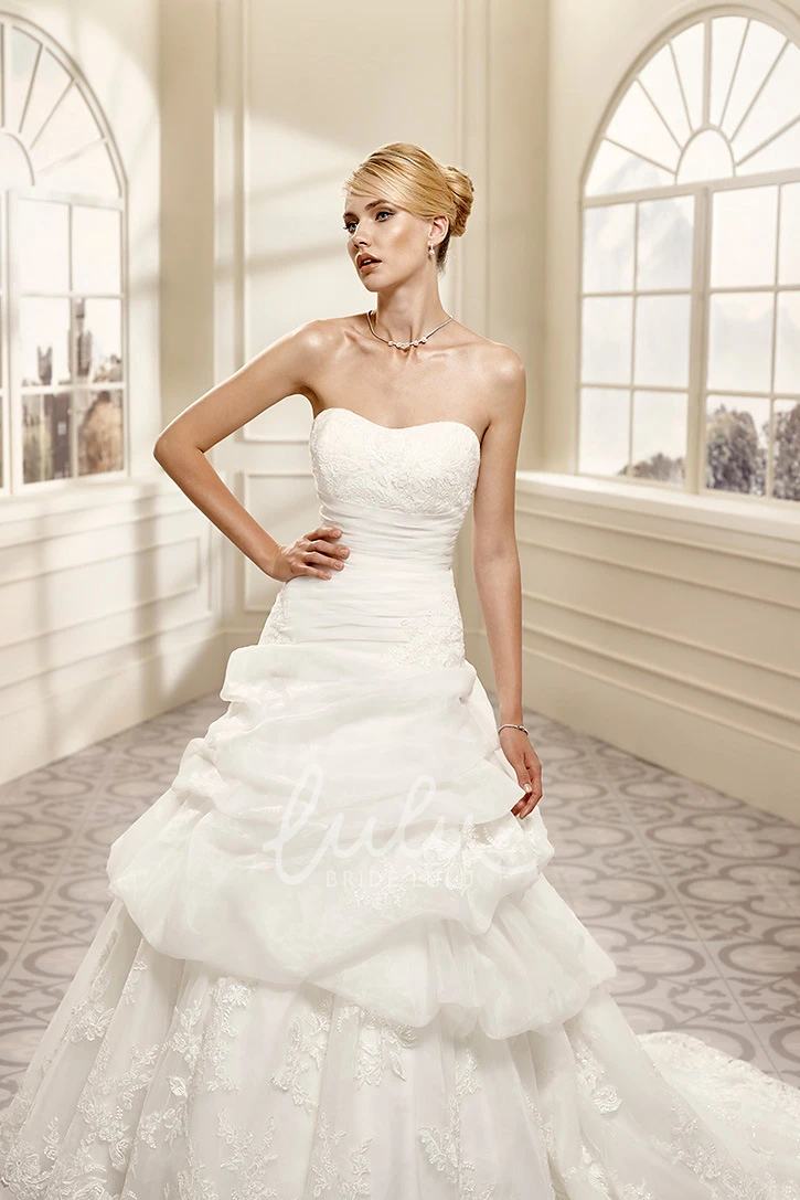 Organza Strapless Ball Gown Wedding Dress with Pick Up and Lace Up