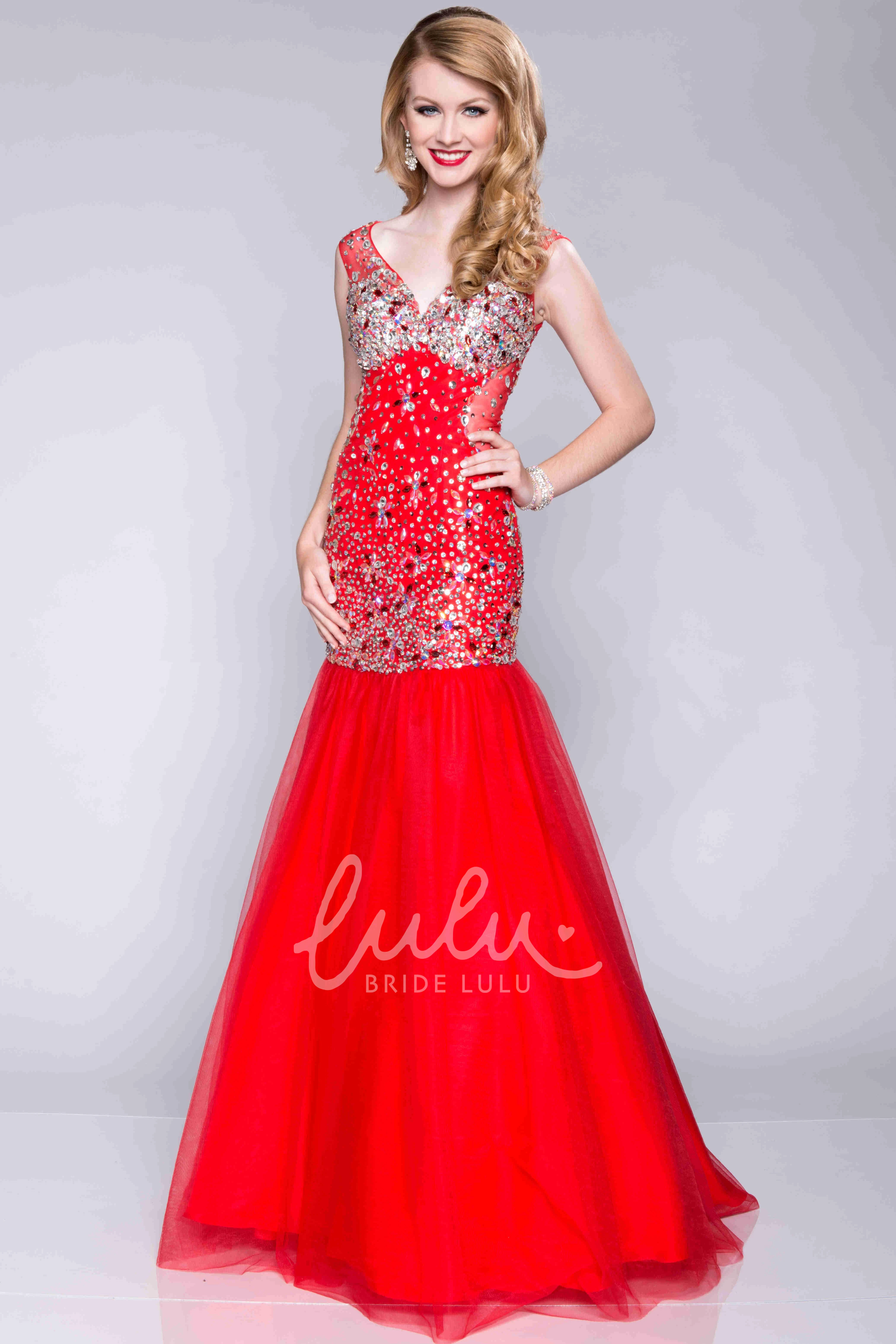 Tulle Fit and Flare Prom Dress with Sequined Bodice V-Neck Women