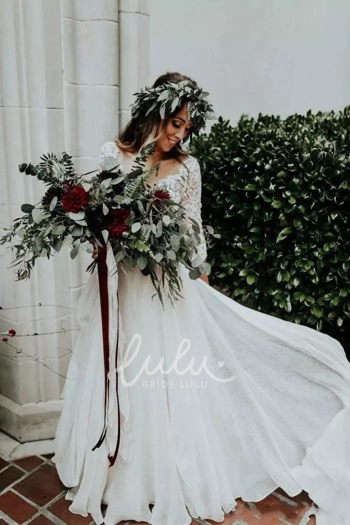 Two Piece Lace Wedding Dress with Ruching V-neck and Sweep Brush Train