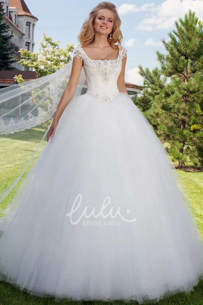 Beaded Cap-Sleeve Tulle Wedding Dress with Corset Back Square Neckline Bridal Gown