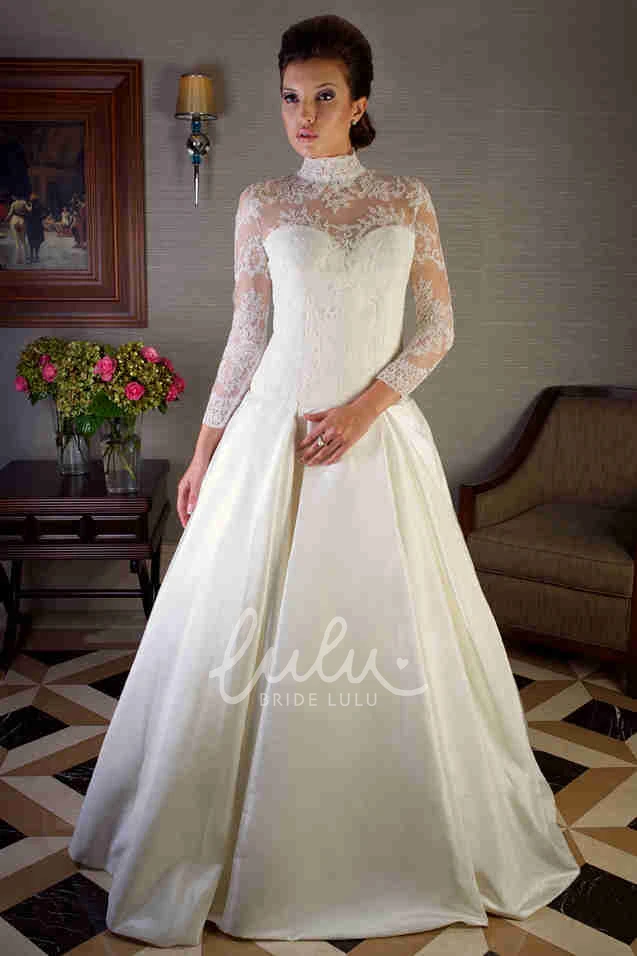 Lace Long-Sleeve Satin Wedding Dress with High Neck