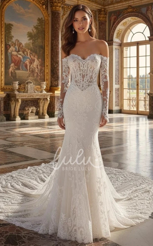 Off the Shoulder Lace Beach Wedding Dress Mermaid Boho Illusion Corset Gown