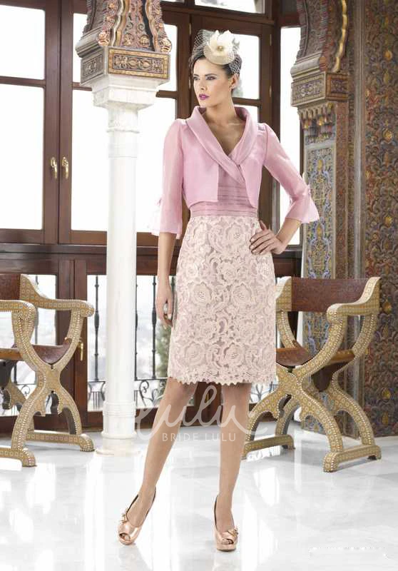 Satin Knee-Length Mother Of The Bride Dress with Cape V-Neck and 3-4 Sleeves