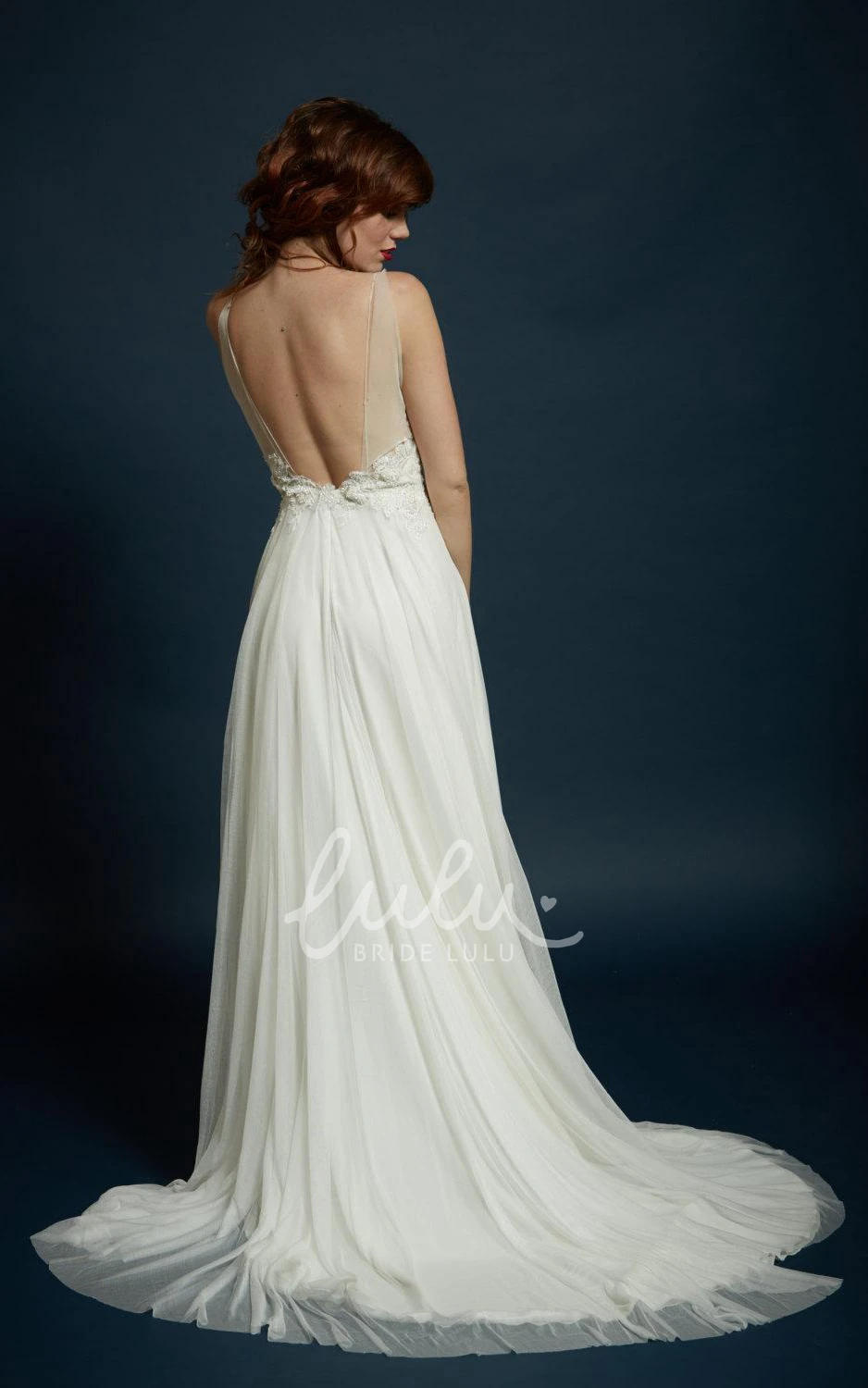 Strapped Tulle Lace Charmeuse Dress with Illusion and Beaded Embroidery