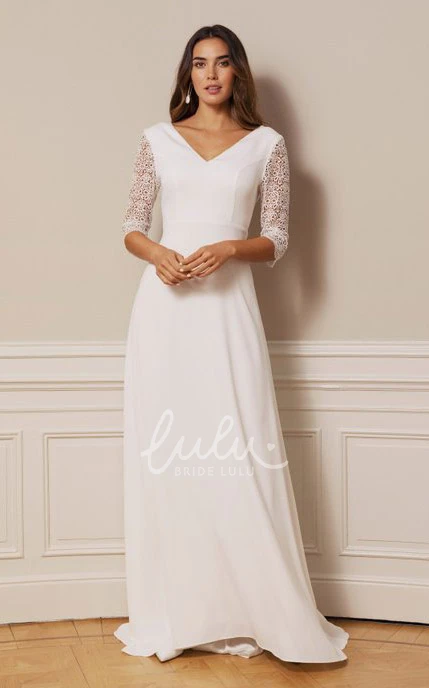 Vintage Chiffon Lace A Line Wedding Dress with Deep-V Back and V-neck Timeless and Modern