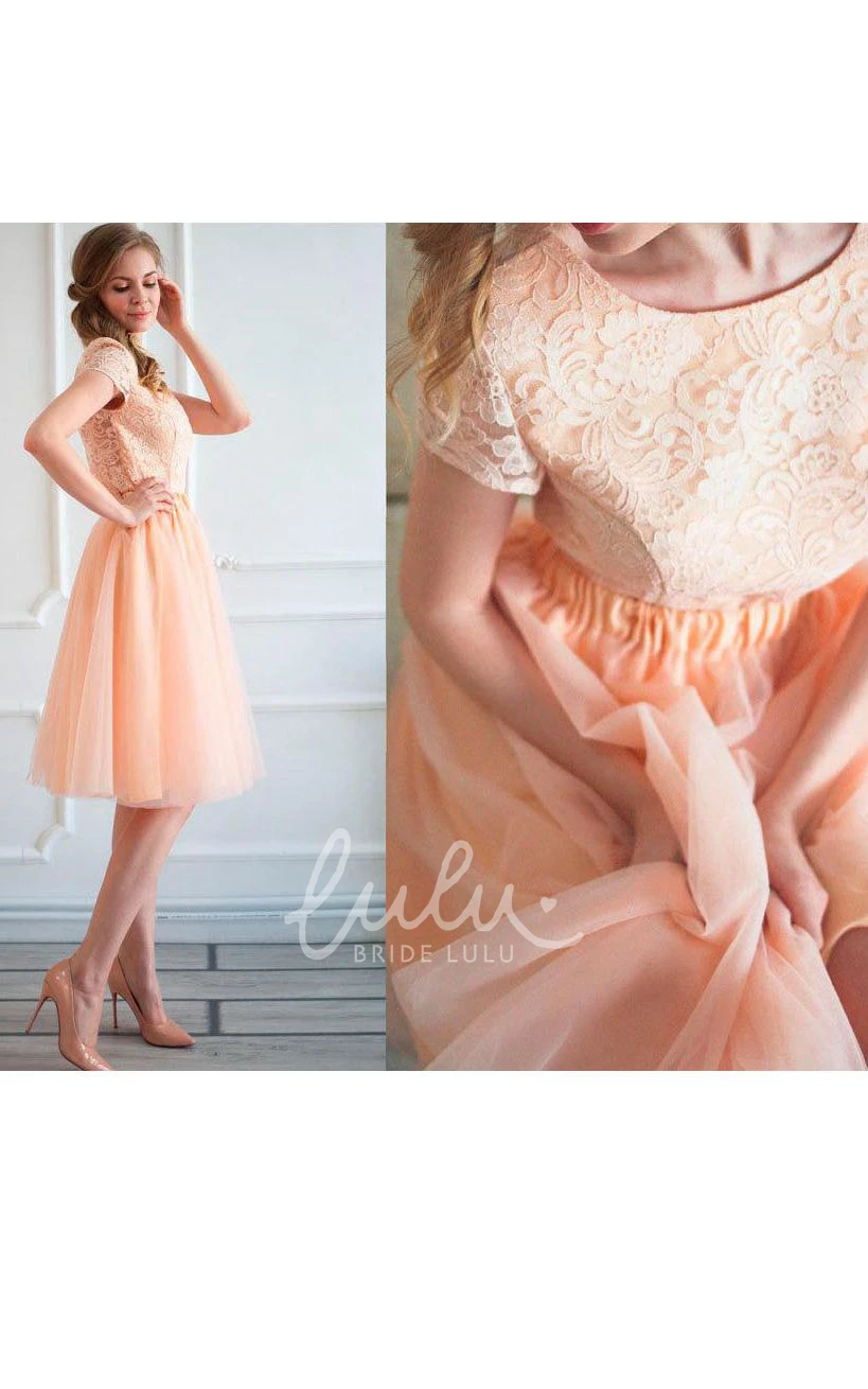 A-line Tulle Short Dress with Lace Top and Cap Sleeves for Formals