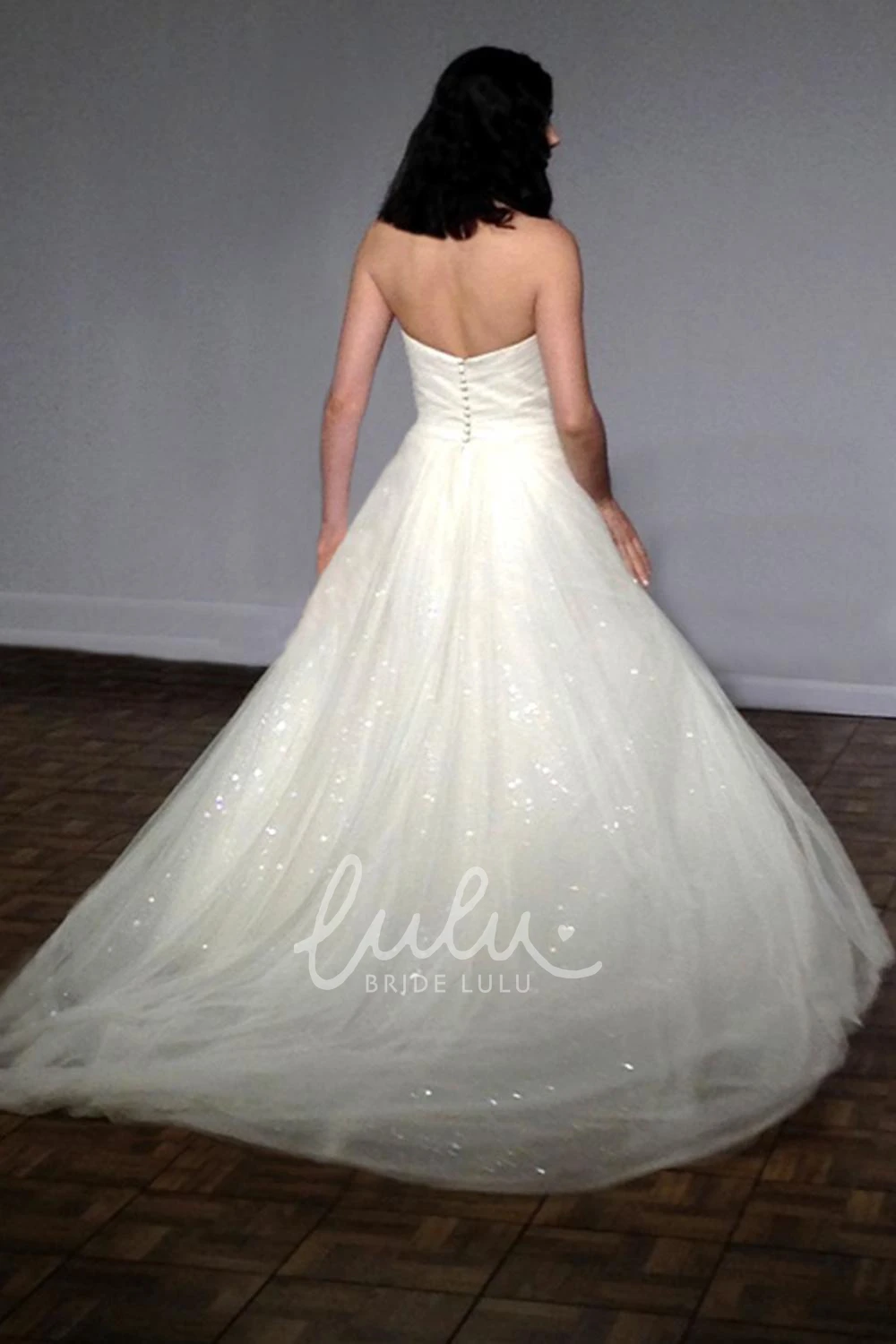 Sequined Tulle Wedding Dress with Ruching Flowy A-Line Dress