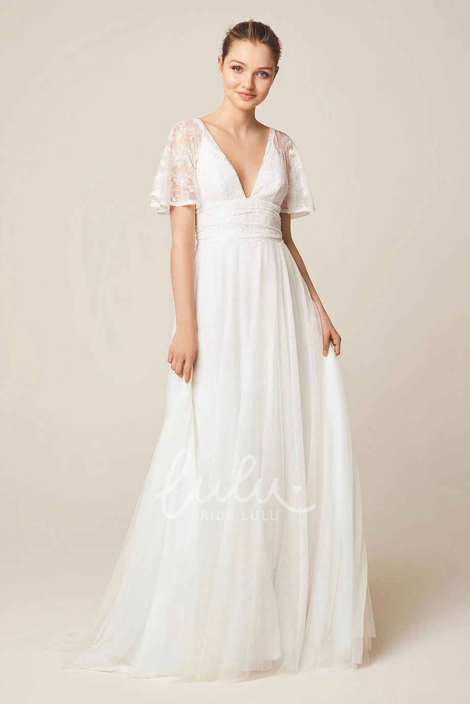 Lace Illusion Short Sleeve Ethereal Wedding Dress Elegant Bridal Gown
