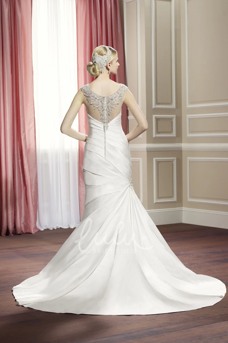 Satin Sheath Sleeveless Wedding Dress with Side Draping and Illusion Back