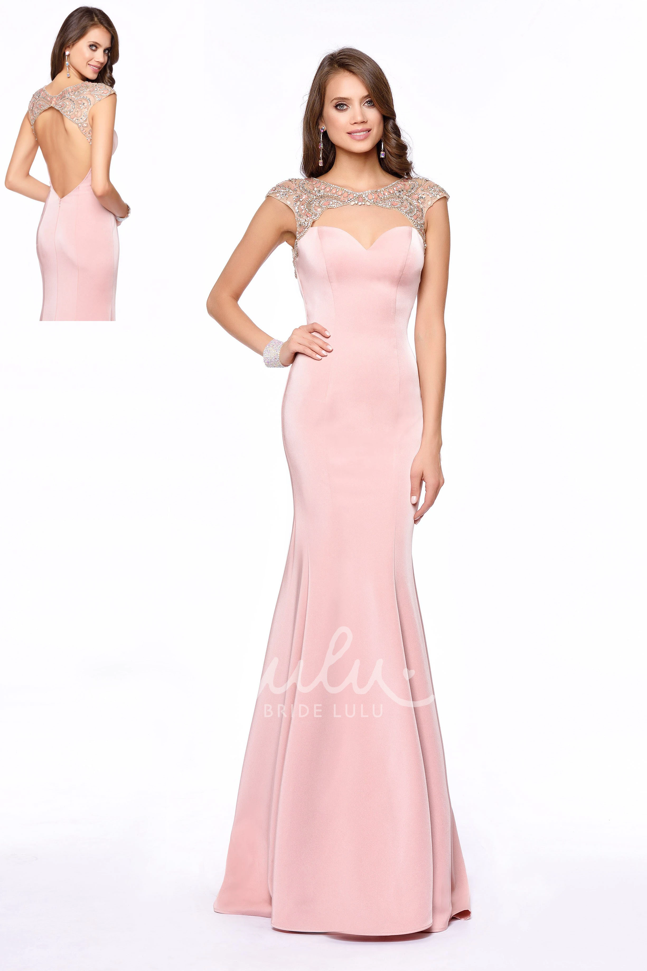 Scoop-Neck Cap-Sleeve Jersey Sheath Prom Dress with Keyhole and Beading