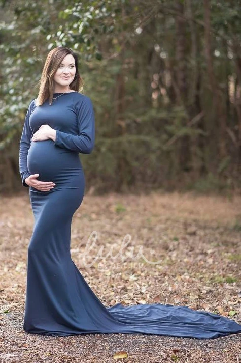 Sweep Train A-Line Maternity Dress with Long Sleeves and Empire Waist