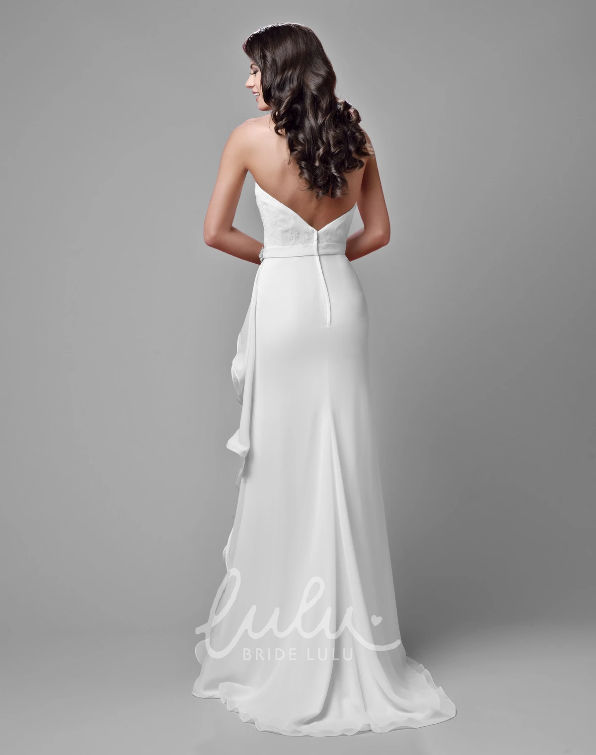 Sheath Chiffon Wedding Dress with Lace Bodice and Draped Ruffles Unique Bridal Gown