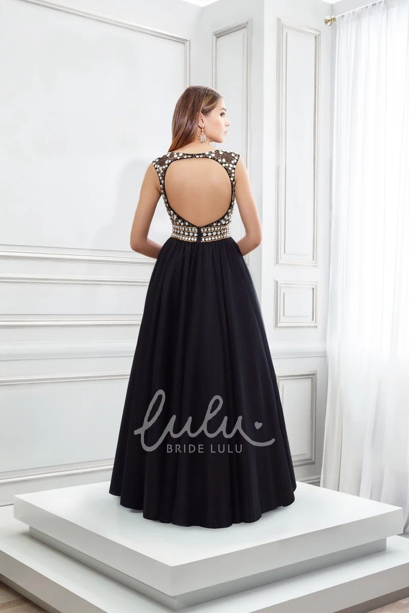 Crystal Satin Sleeveless Prom Dress with Keyhole and Scoop Neck