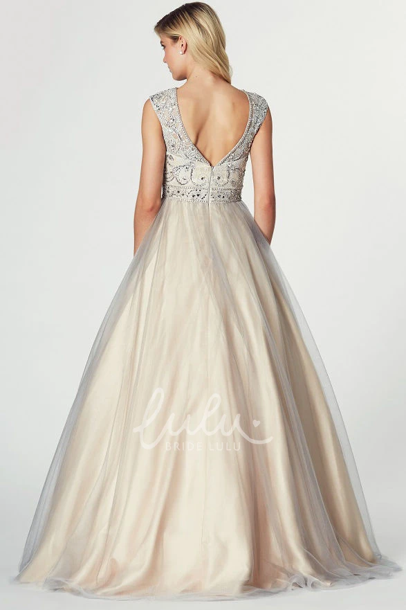 Tulle and Satin A-Line Prom Dress with Beaded Jewel and Low-V Back