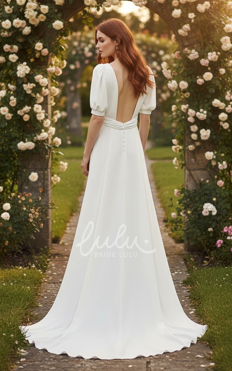 A-Line Minimal Puff Sleeve Wedding Dress Simple Sheath V Neck Slit Bridal Gown for Outdoor Weddings