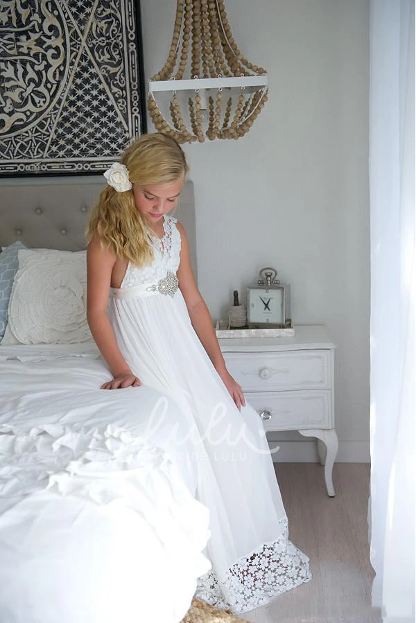 Ethereal Sleeveless V-Neck Boho Flowergirl Dress with Empire Waist Sash and Bow Sweep Train