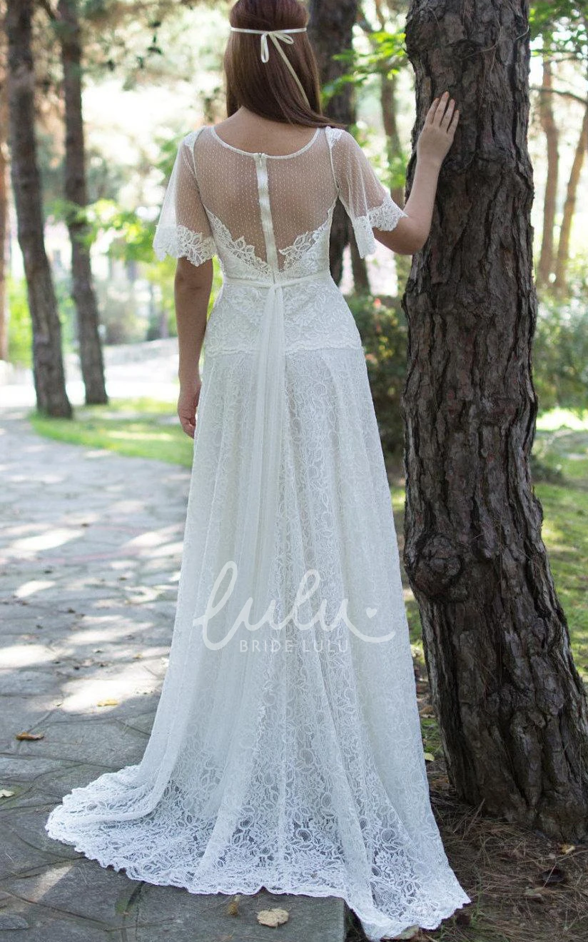 Illusion Back Lace Wedding Dress with Short Bell Sleeves and Sash Boho Bridal Gown