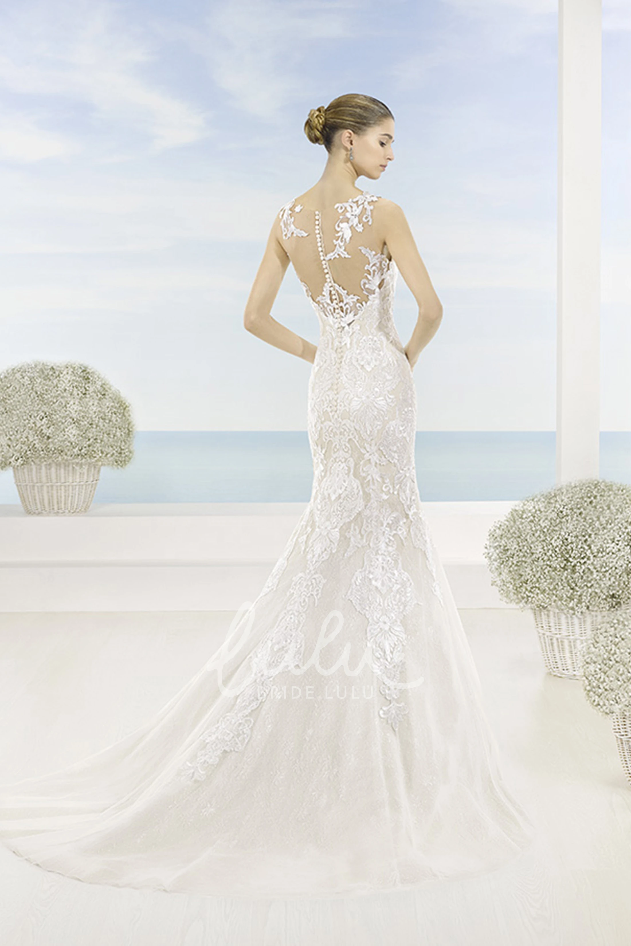 Mermaid Appliqued Bateau Lace Winter Wedding Dress with Court Train and Illusion Back Unique Winter Bridal Dress