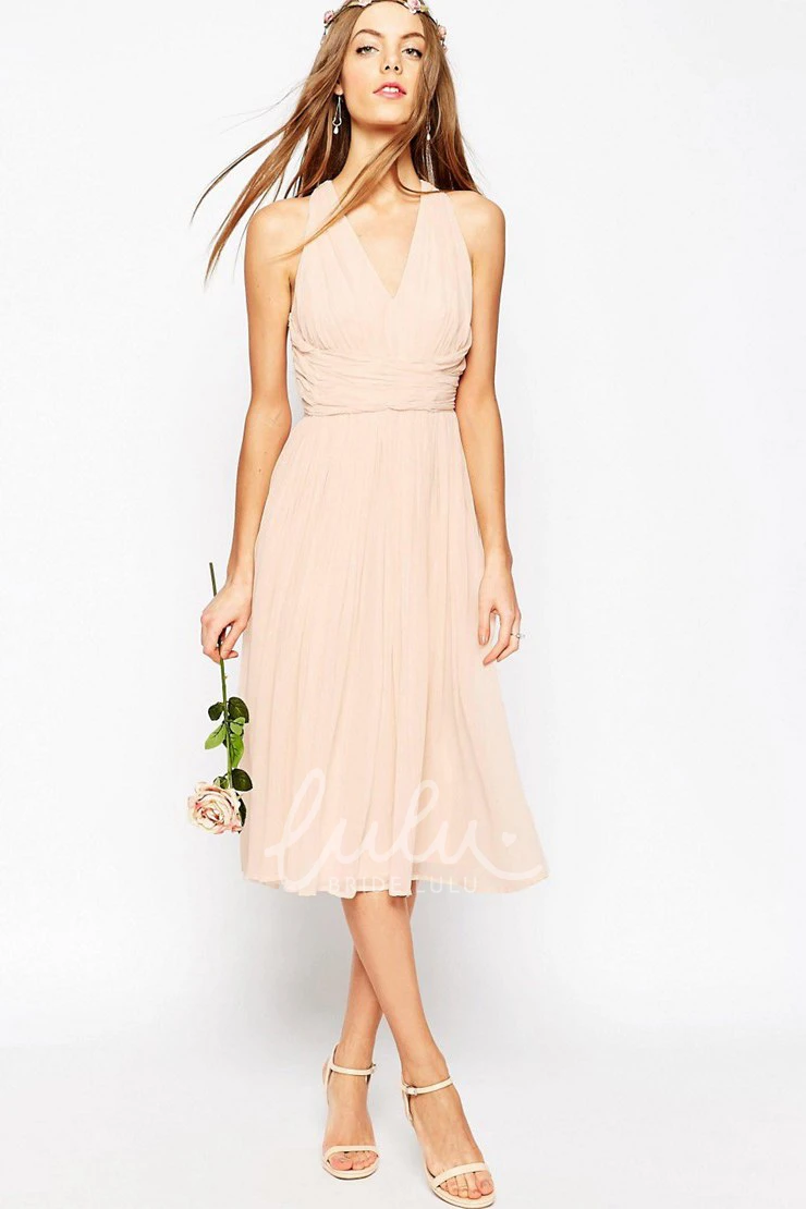 Tea-Length Chiffon Bridesmaid Dress with Pleats and Straps V-Neck