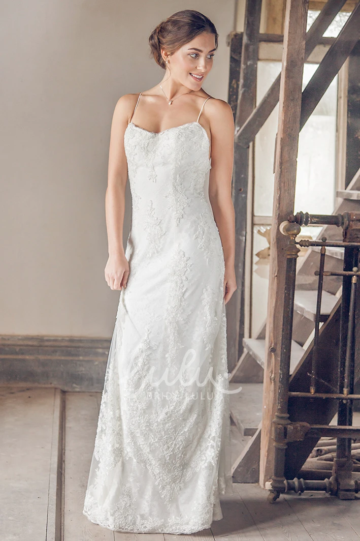 Sleeveless Lace Appliqued Wedding Dress Long Spaghetti