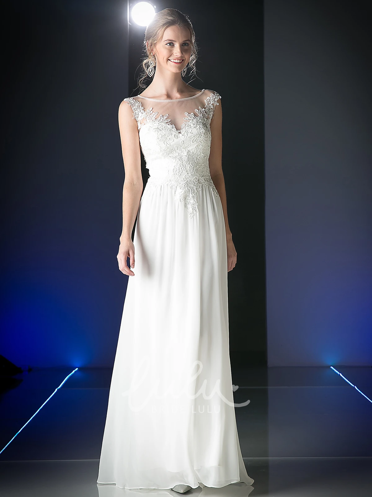 Scoop-Neck Sleeveless Sheath Dress with Appliques and Illusion in Chiffon Fabric