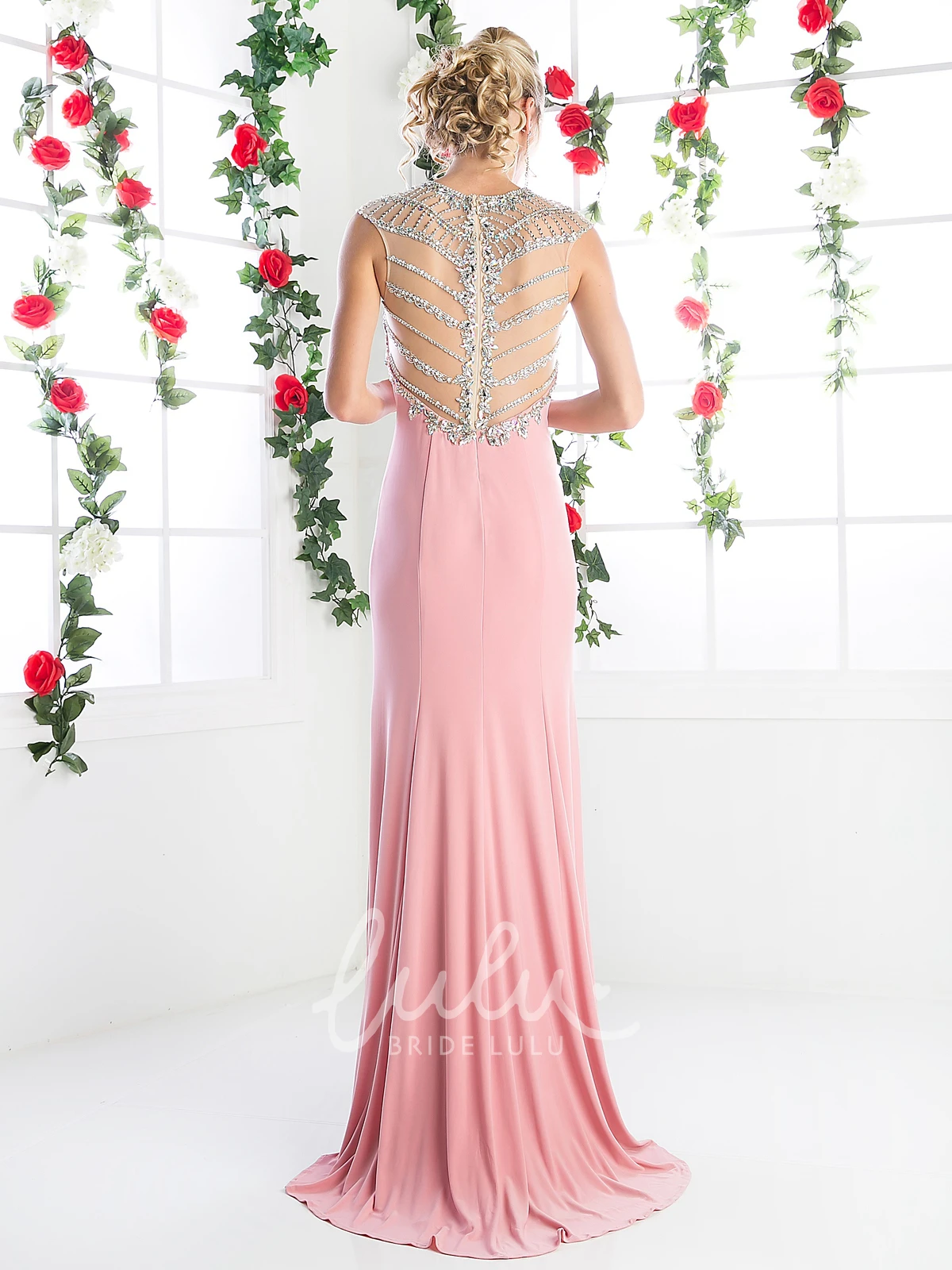 Sleeveless Beaded Sheath Dress with Split Front and Illusion Neckline