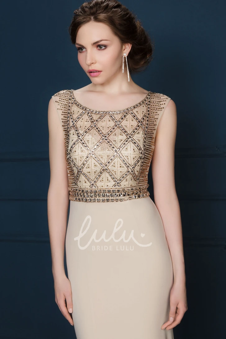 Crystal Jersey Sleeveless Sheath Formal Dress with Scoop-Neck and Pleats