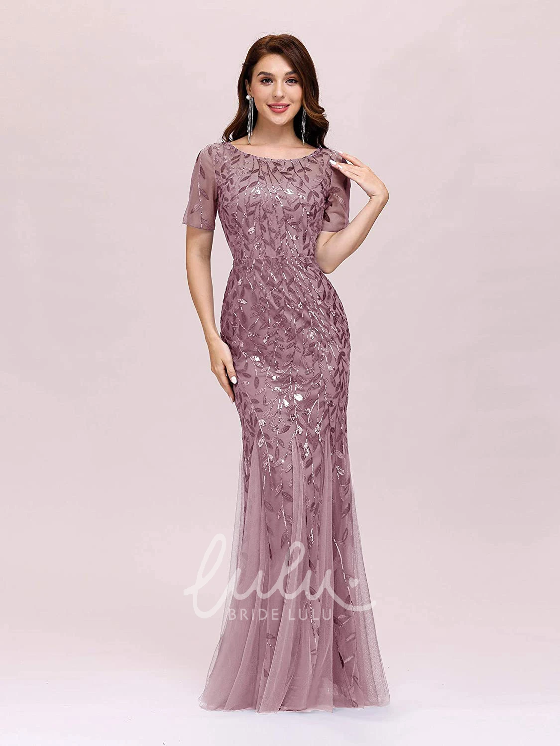 Sequin Trumpet Illusion Prom Dress with Short Sleeves and Pleats