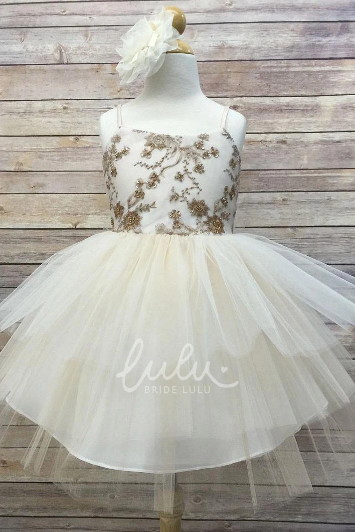Spaghetti Midi Flower Girl Dress Beaded Tulle & Sequins Tiered Flowy