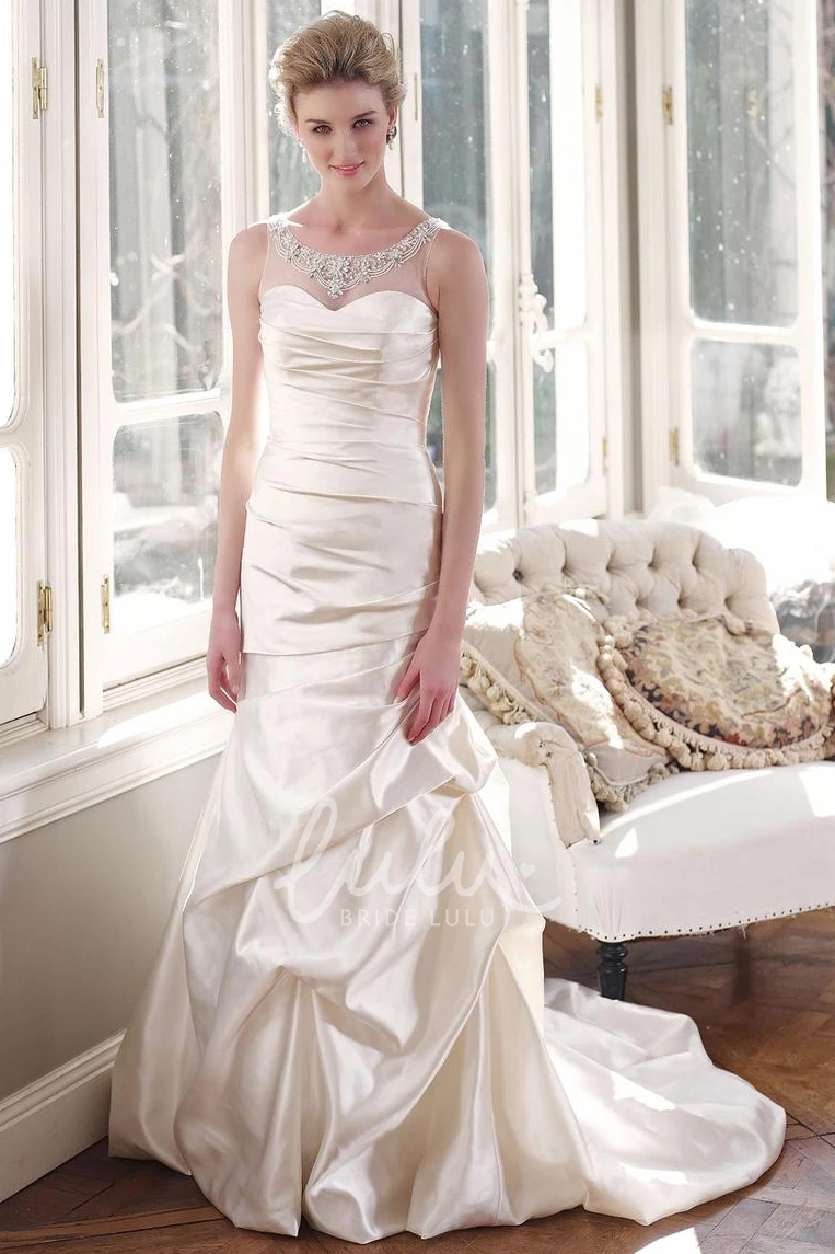 Satin A-Line Wedding Dress Beaded Strapless Floor-Length with Pick Up and Illusion Back