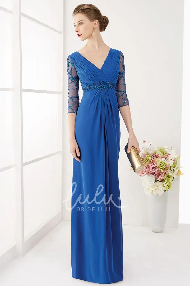 Maxi V-Neck Chiffon Prom Dress with Ruched Half-Sleeves and Beaded Waist Flowy Prom Dress
