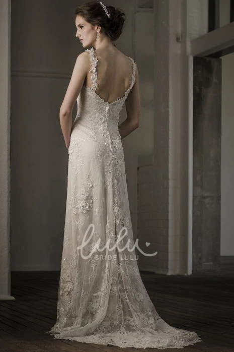 Sheath Spaghetti Lace Wedding Dress with Deep-V Back and Flowers