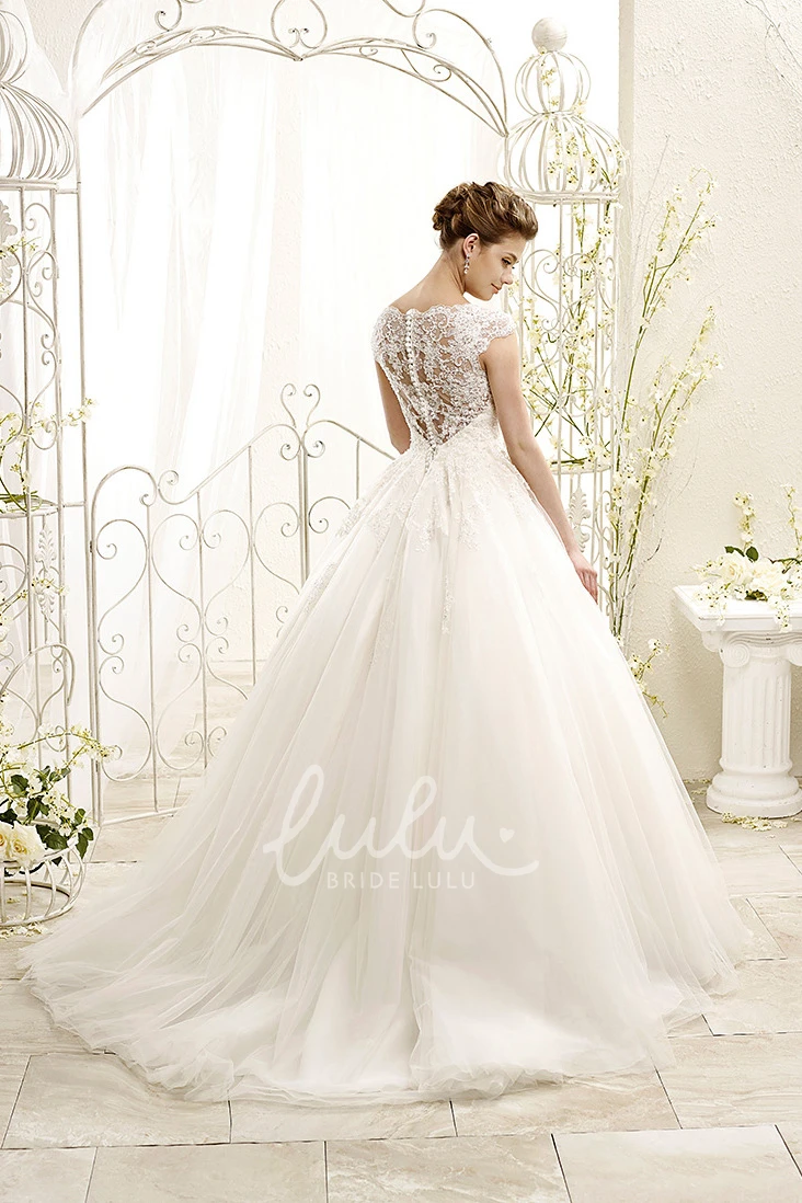 Cap-Sleeve Appliqued Tulle&Lace Ball Gown Wedding Dress Classic Bridal Gown
