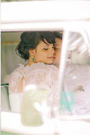 Knee-Length Lace Wedding Dress with Long Sleeves and High Neck Classy Bridal Gown