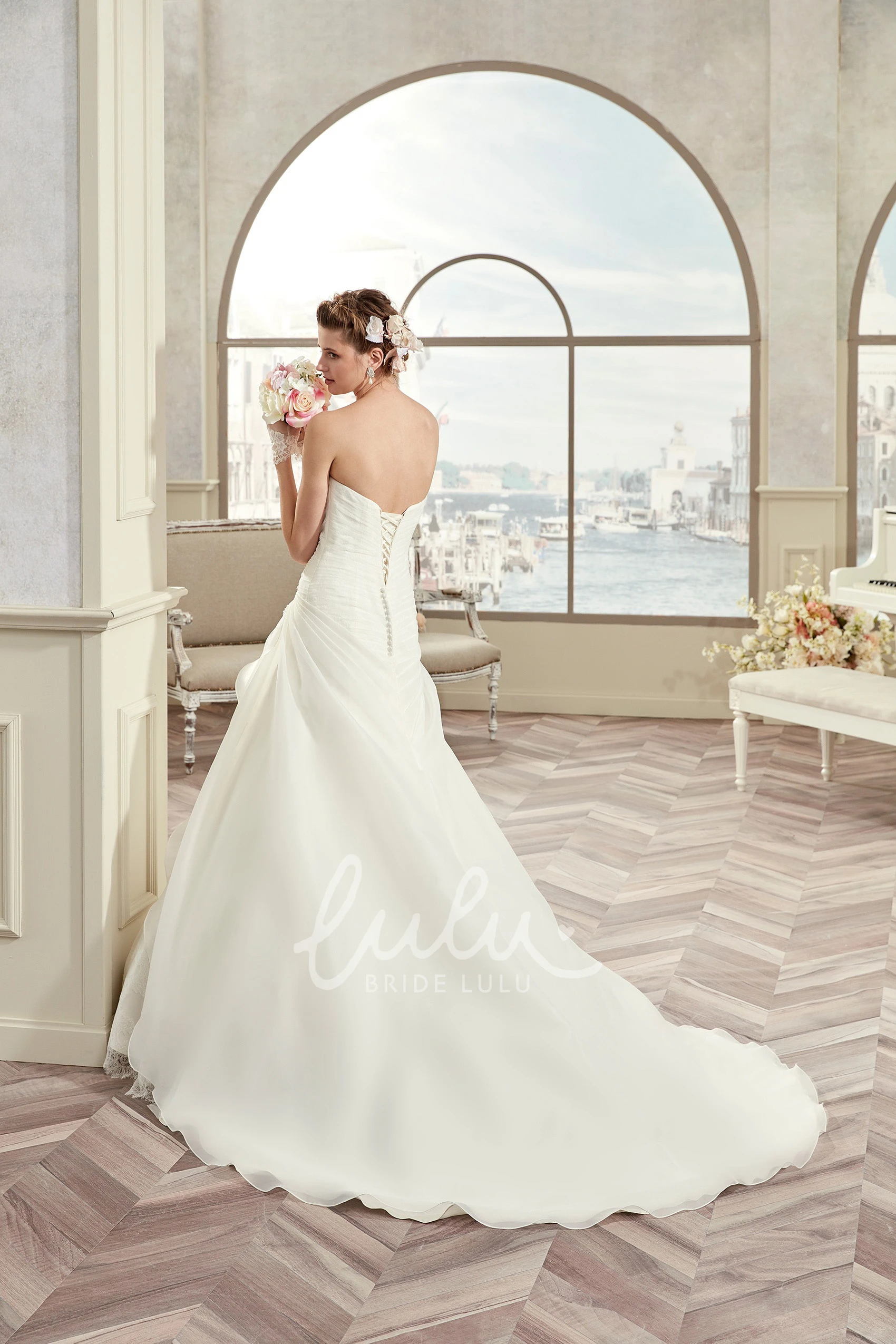 Lace Long Wedding Dress with Asymmetrical Ruffles Strapless Boho Beach