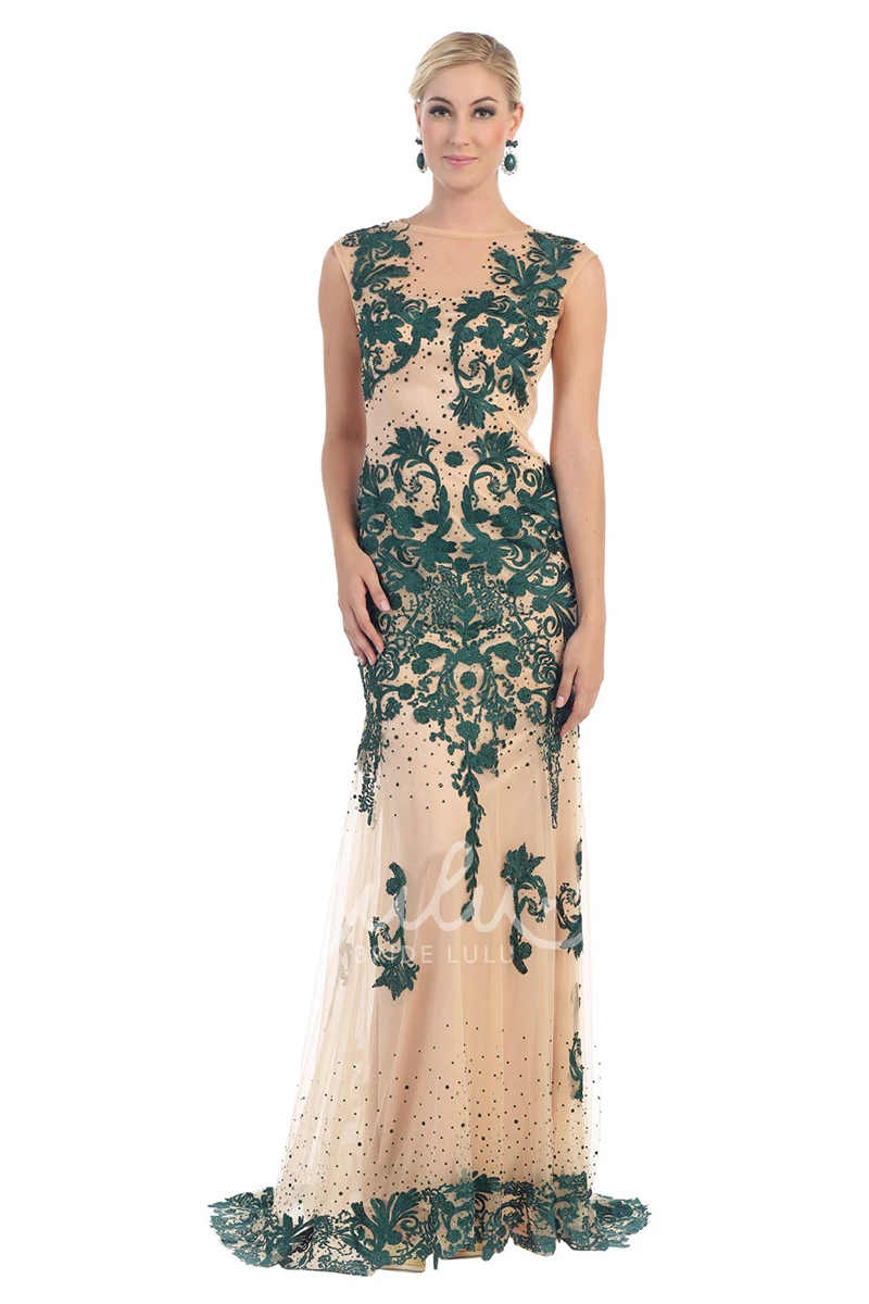 Jewel-Neck Tulle Applique Sleeveless Sheath Formal Dress