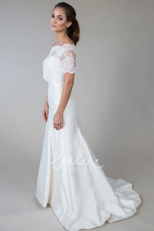 Short-Sleeve Off-The-Shoulder Satin&Lace Wedding Dress With Illusion Off-Shoulder Satin & Lace Short-Sleeve Wedding Dress