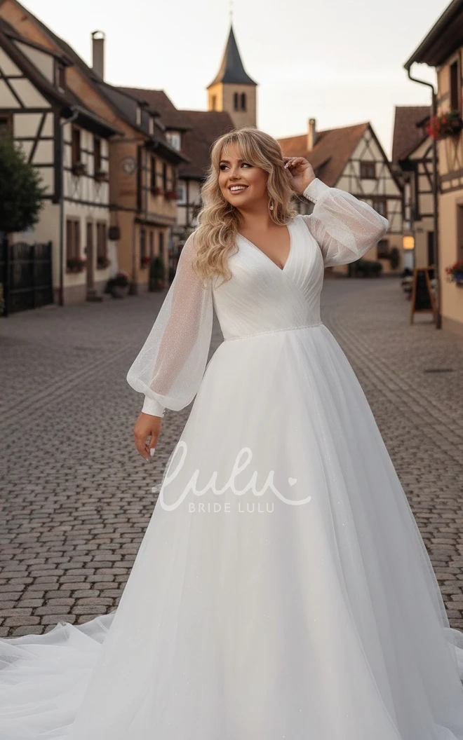 Elegant Plus Size Long Sleeve A-Line V-neck Winter Wedding Dress Chapel Train with Modern Country