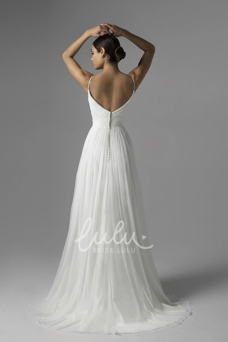 Beaded Chiffon Spaghetti Wedding Dress with Brush Train Flowy Bridal Gown